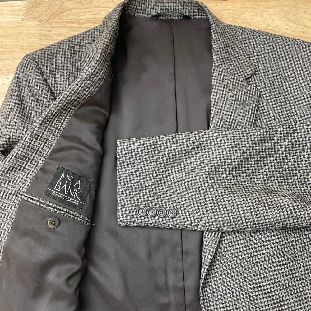 Jos A Bank Travelers Collection Wool Sport Coat 42L Grey Houndstooth‎ Blazer